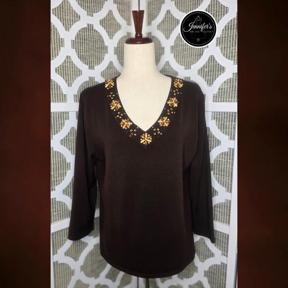 Cable & Gauge Brown Silk Blend Wood Bead V Neck 3/4 Sleeve Sweater Size Medium - Picture 1 of 10